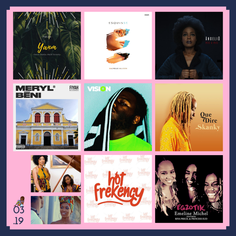Couvertures d'œuvres musicales : "Yanm" de Pwézik, "Esquisse" de Rachelle Allison, "Piti a Piti" de AngeliQ, "Béni" de Meryl, Vision de Willem, "Que dire" de Skanky, "Fanm a liberte" de Saina Manotte et Tanya St Val, "Kochi" Tèt de Loysonjah, Hot Frekency, Egzotik