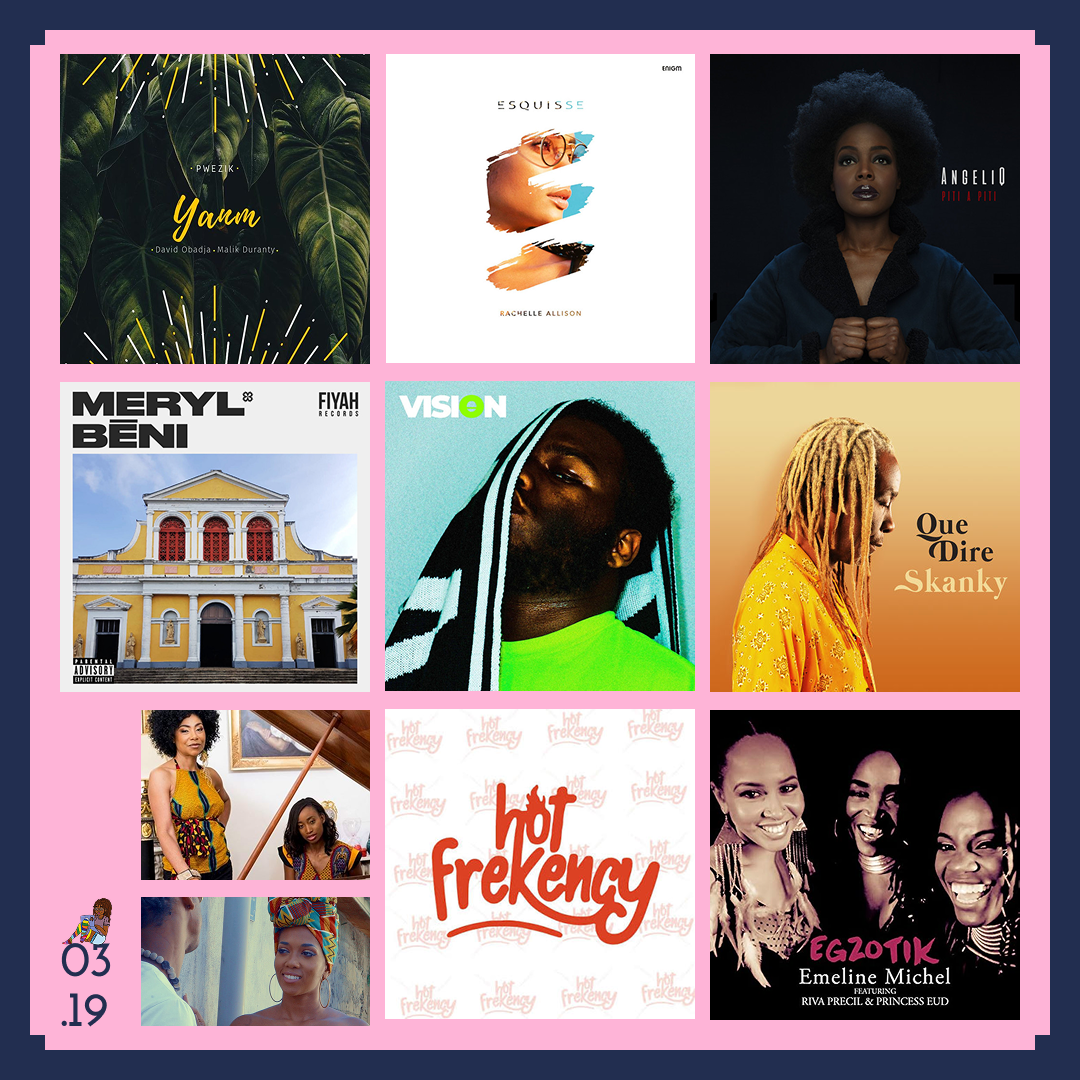 Couvertures d'œuvres musicales : "Yanm" de Pwézik, "Esquisse" de Rachelle Allison, "Piti a Piti" de AngeliQ, "Béni" de Meryl, Vision de Willem, "Que dire" de Skanky, "Fanm a liberte" de Saina Manotte et Tanya St Val, "Kochi" Tèt de Loysonjah, Hot Frekency, Egzotik